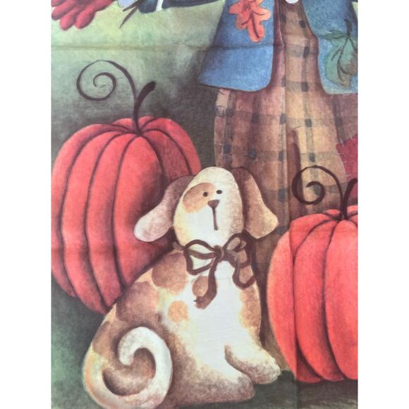 Vintage Outdoor Porch Flag Scarecrow Pumpkin Field Autumn Harvest w Dog JL - Picture 3 of 7
